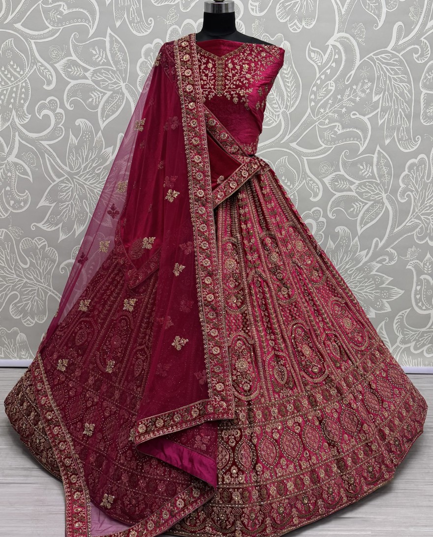 2858 - Double dupatta combine Red Velvet Lehenga choli in Dori work